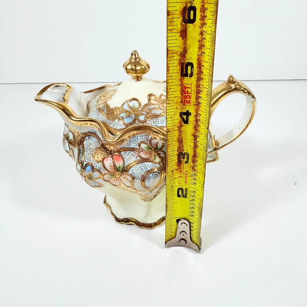Antique Nippon Syrup Jug & Plate Hand Painted Blue Gold Moriage Flower‎ Signed
